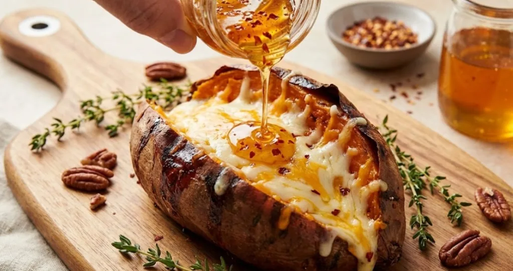 Hot Honey Cheese-Stuffed Sweet Potato