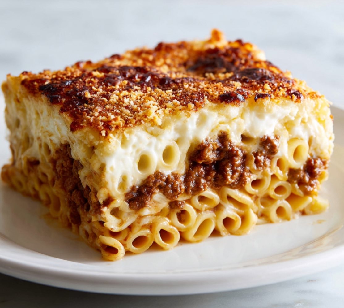 Pastitsio – musacaua grecească cremoasă, cu carne aromată și sos bechamel auriu